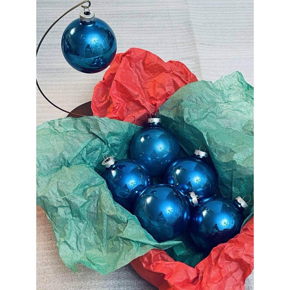 VTG Mid-Century Mercury Glass Christmas Ornaments Blue 2.5" Lot of 6 USA Made